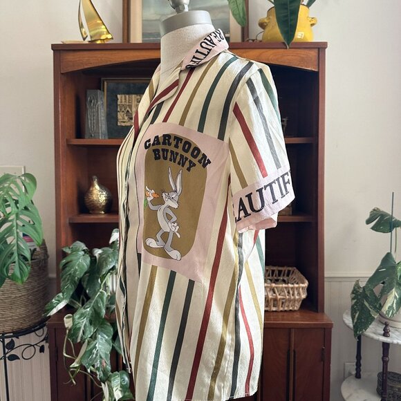 Striped Cartoon Bunny Shirt, Bugs Bunny Graphic, Retro Unisex Button Down - Picture 3 of 10